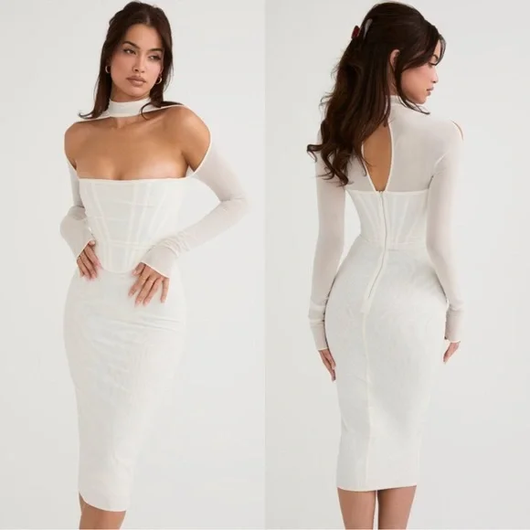 NWOT House of CB Milarose White Mesh Cut Out Corset Midi Dress sz M - Picture 4 of 13